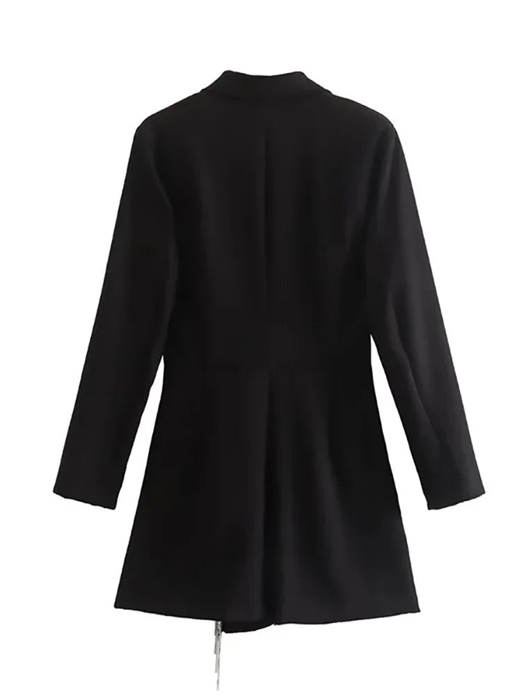 Black Collar Slim Hidden Breasted Long Sleeve Tassel Black Suit