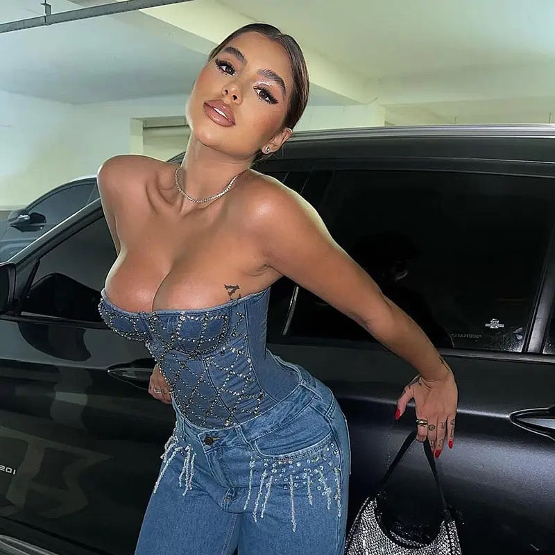 Sexy Denim No-shoulder Crop Tops For Women