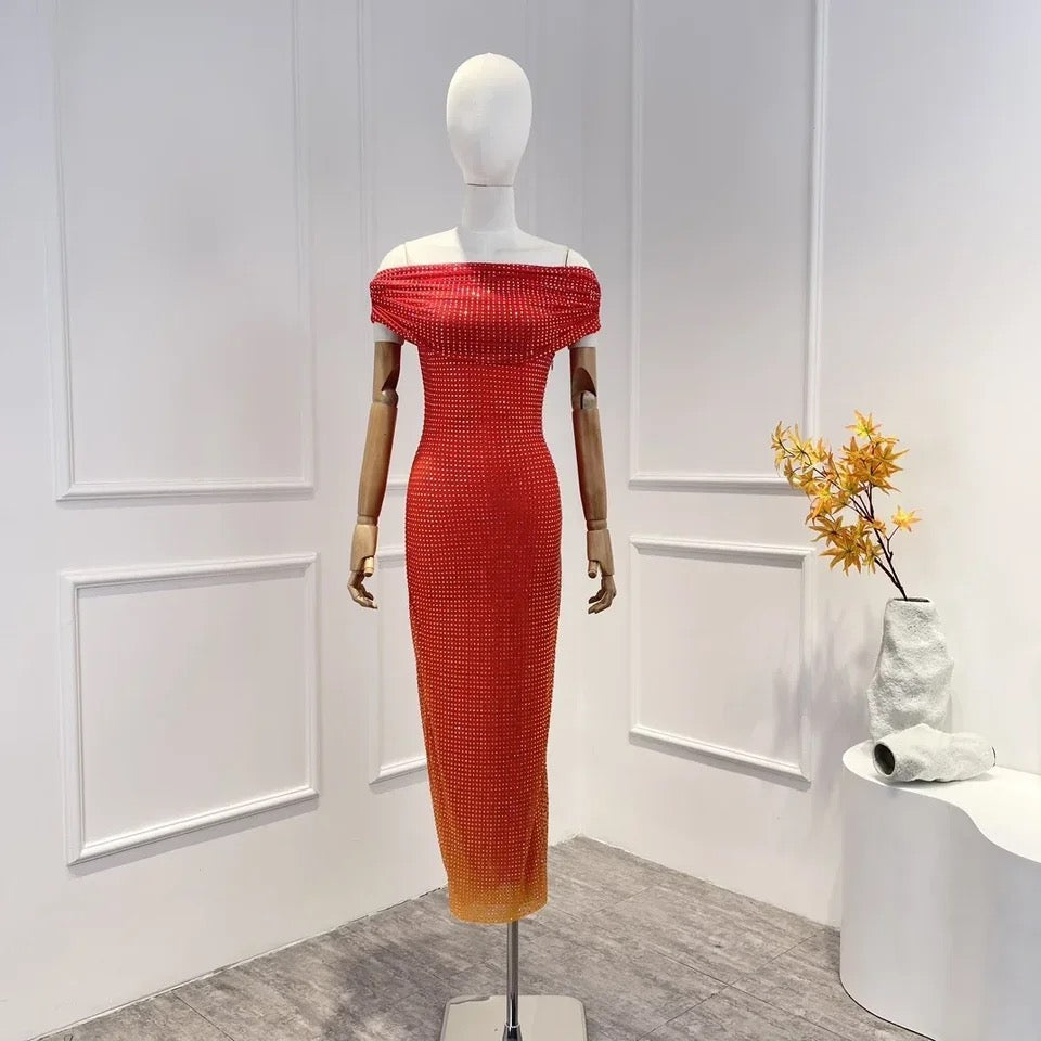 Orange Shaded Off Shoulder Luxury Diamond Decoration Skinny Midi Dress