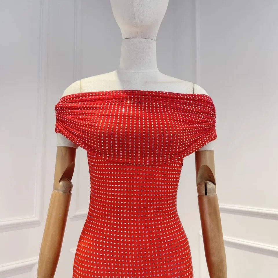 Orange Shaded Off Shoulder Luxury Diamond Decoration Skinny Midi Dress
