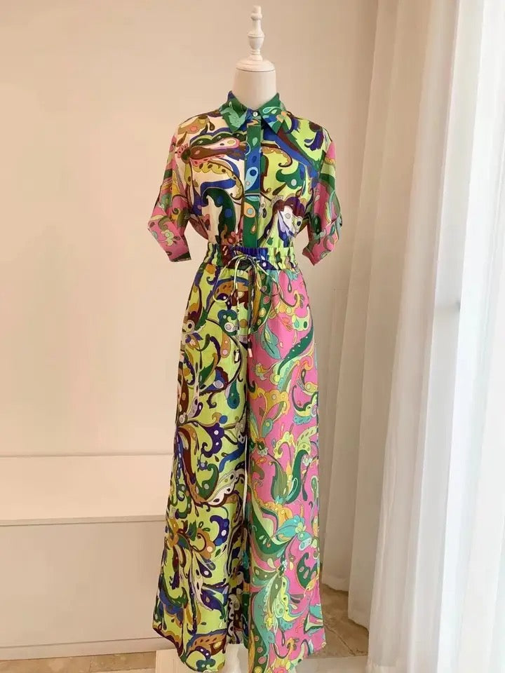 Green Abstract Printed Loose Shirt Or Wide Legs Pants