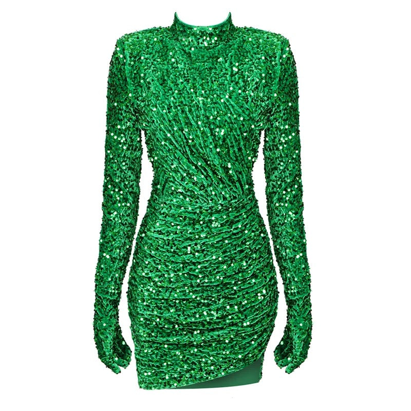 Green Sequins Draped Bodycon Party Mini Dress