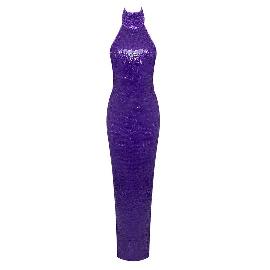 Purple Sequin Dress Sexy Fit Sleeveless Backless Dress