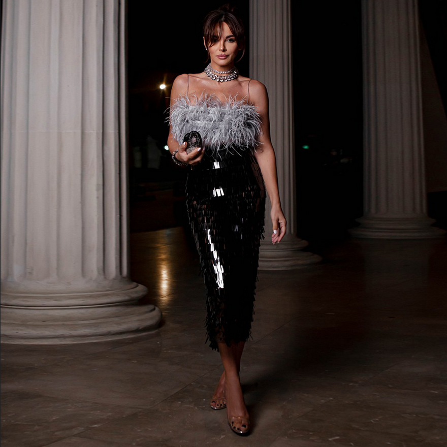 Black Luxury Sequin Feather Strapless Sequin Splice Set