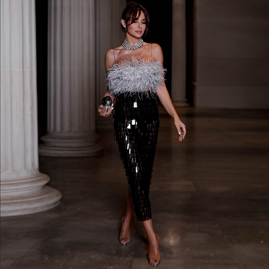 Black Luxury Sequin Feather Strapless Sequin Splice Set