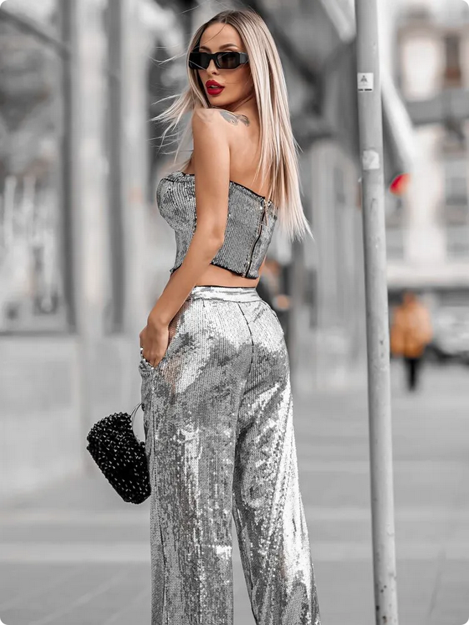Silver Sequins Strapless Crop Tops Trouser Two Pieces Set