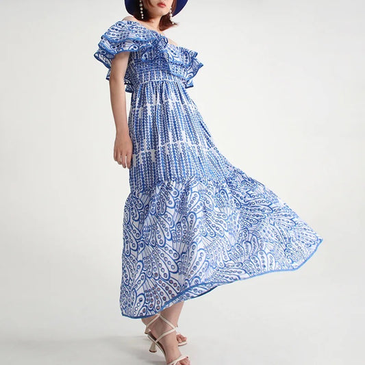 Blue and White Slash Neck Embroidery Elegant Dress For Women
