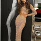 Black And Beige Big Rhinestones Transparent Two Pieces Skirt and Tops