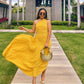 Asymmetry One-Shoulder Yellow Hole Ankle-Length Vintage High Waist Dress