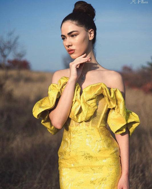Yellow Elegant Puff Sleeves Sexy Midi Evening Dress