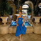Cotton Asymmetry-neck Blue Ankle-Length Sleeveless Pleated Dress
