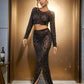 Black And Beige Big Rhinestones Transparent Two Pieces Skirt and Tops
