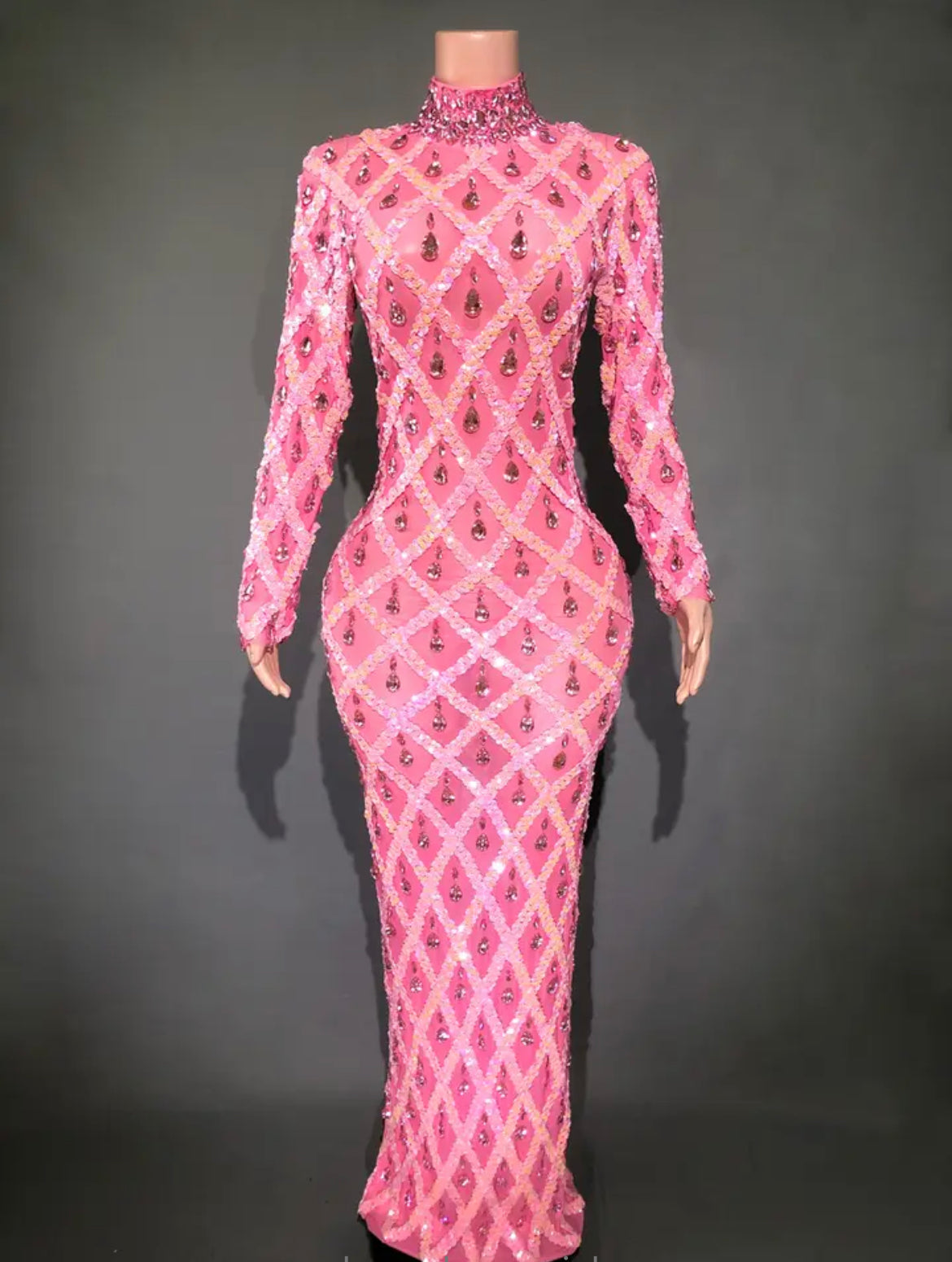 Long Sleeve Sequin Crystal Stone Maxi Dress