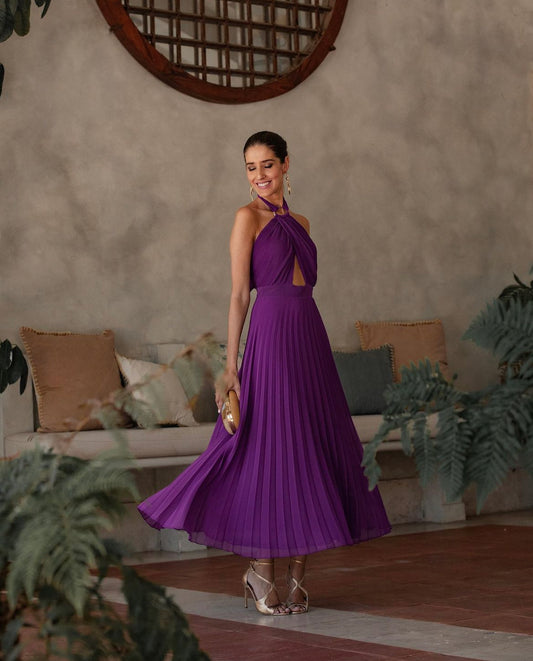 Purple pleated hollow out  Party Dress for woman