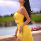 Yellow Pleated Sexy One Shoulder Sleeveless High Split Long Dress