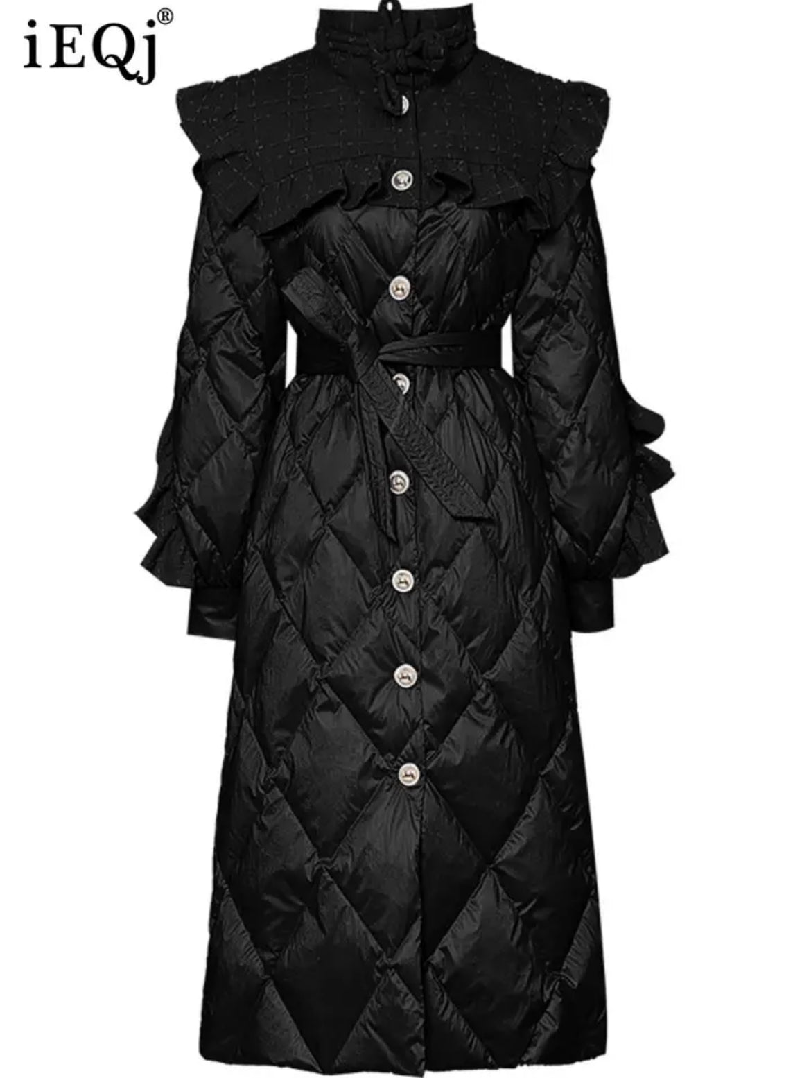 Black solid Color Lace-up Latern Sleeve long coat