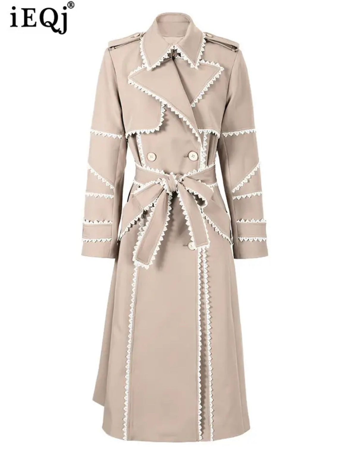 Elegant light beige Contrast Color Lace-up Trench Coat