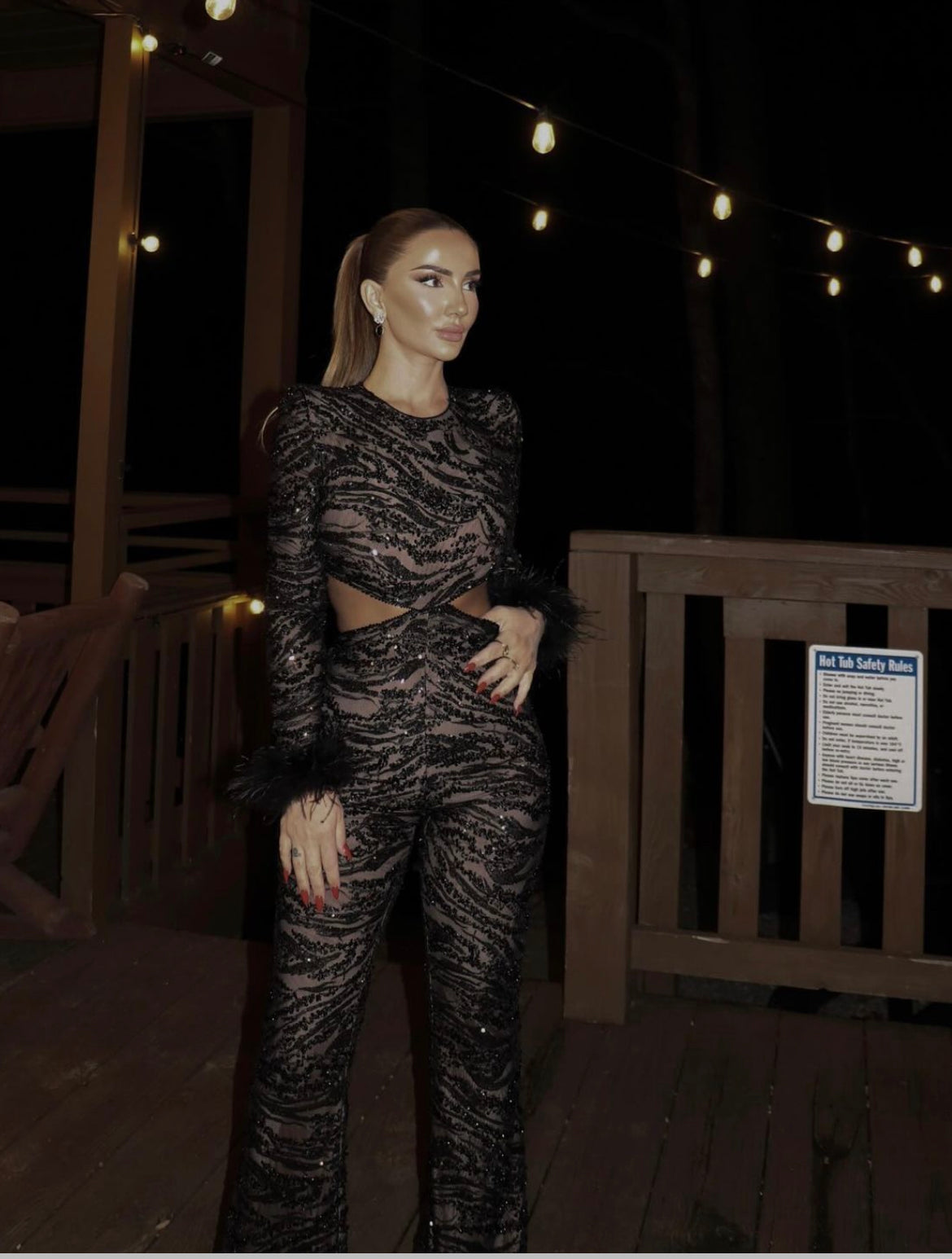Black Long Sleeve Round Neck Open Back Feather Sequins Lace Tight Long jumpsuit