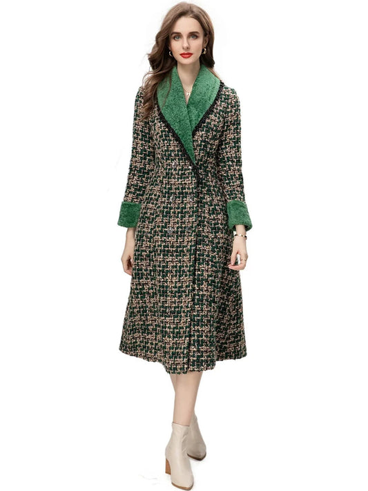 Green Slim Fit Double-Breasted Winter Dress with Stand Collar"