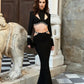 Black Sophistication rhinestone-adorned cropped top & matching skirt