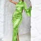 Green satin high neckline ravishing maxi dress