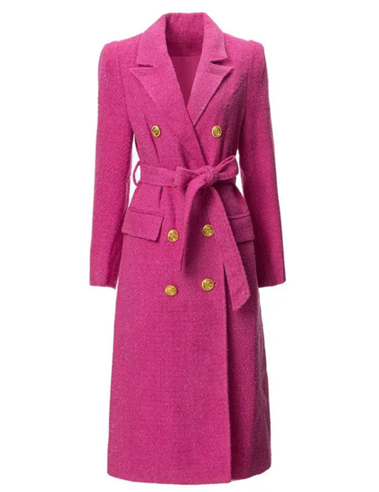 Pink Slim Fit Double-Breasted Winter Dress with Stand Collar"