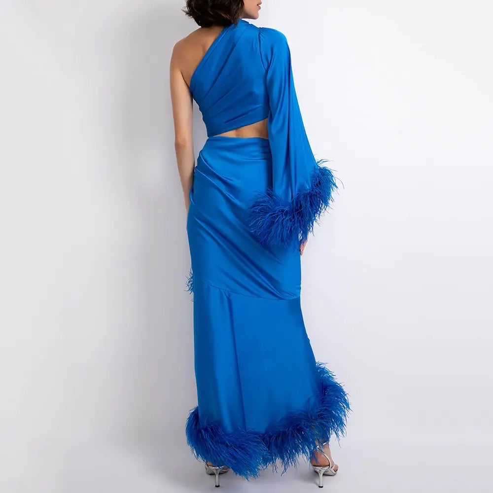 Blue Diagonal Neck Flare Sleeve Patchwork Feathers Slimming Dress