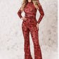 Red Mosaic Flower Lace O-Neck Long Sleeve Jumpsuit With Belt