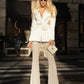 White Sexy V-neck Beaded Women's Celebrity Party Single Button Suit Flare Pants