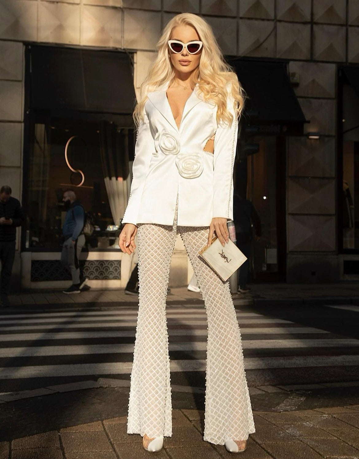 White Sexy V-neck Beaded Women's Celebrity Party Single Button Suit Flare Pants