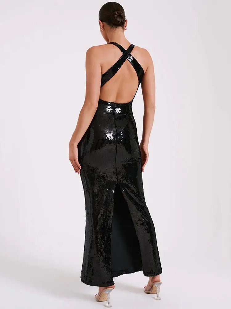Black Sequin Long Dress V-neck  3D Flower Dress