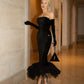 Black No shoulder features a sparkling sequin Dress
