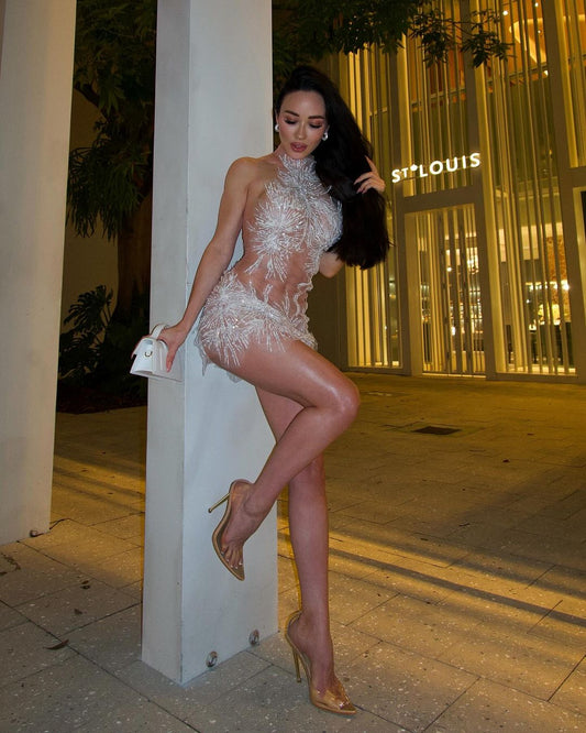 White Embrodary luxury exquisite nude mesh dress