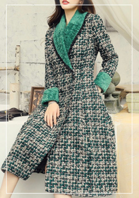 Green Slim Fit Double-Breasted Winter Dress with Stand Collar"