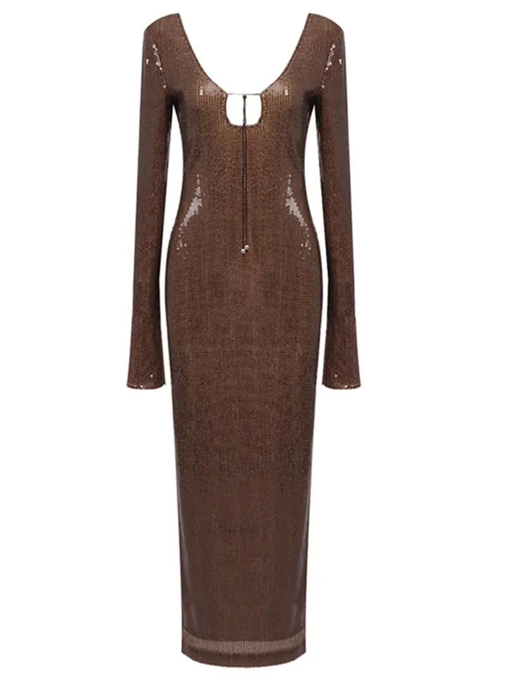 Brown Mesh Sequins Long Gowns Dress