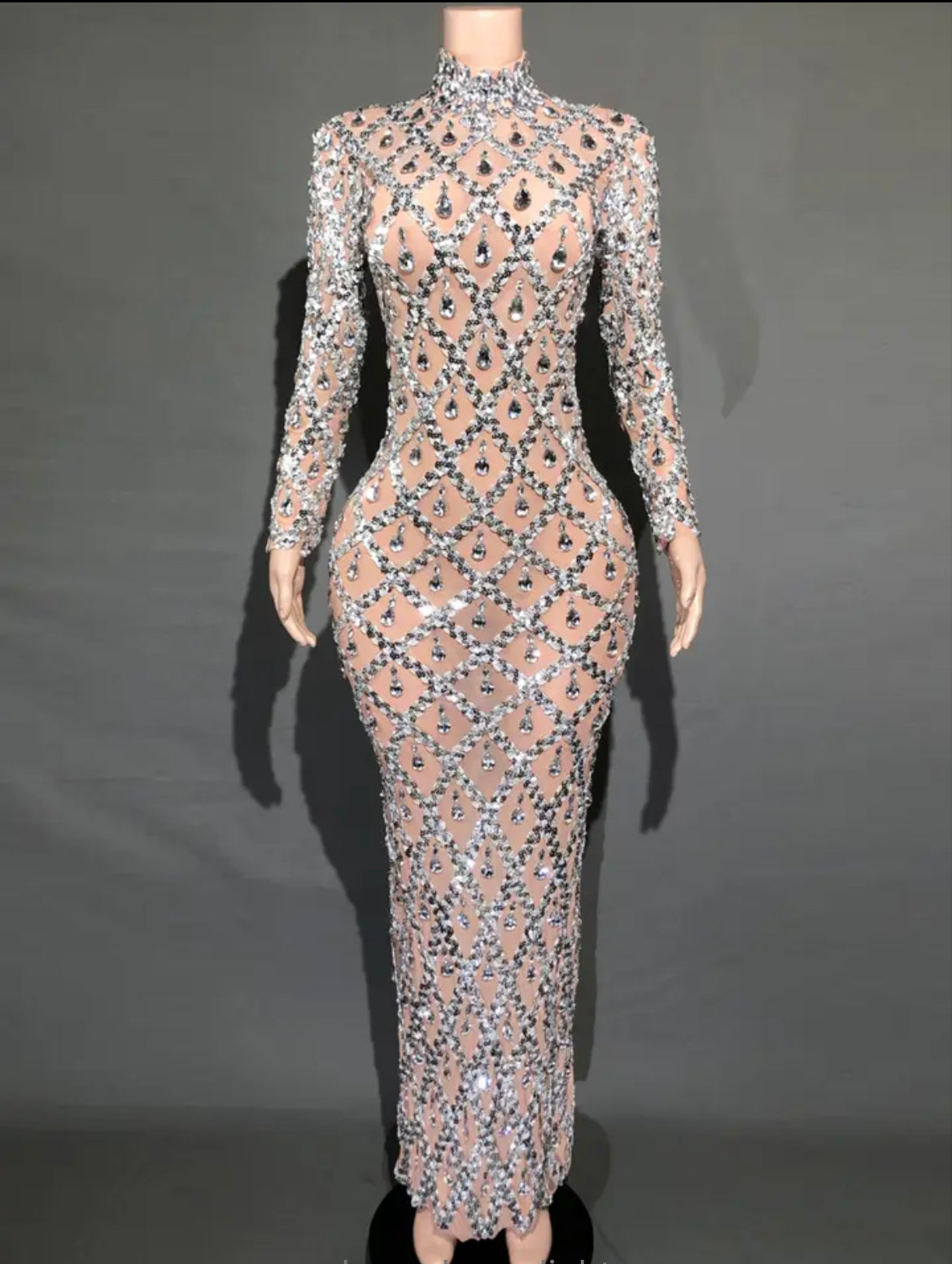 Long Sleeve Sequin Crystal Stone Maxi Dress