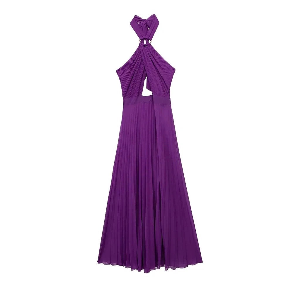 Purple pleated hollow out  Party Dress for woman