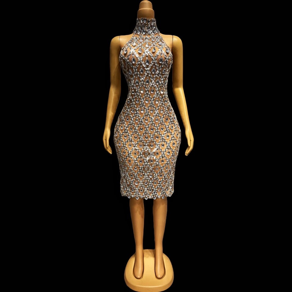 Diamond Stone Sequin Halterneck Mesh Sheer Midi Dress