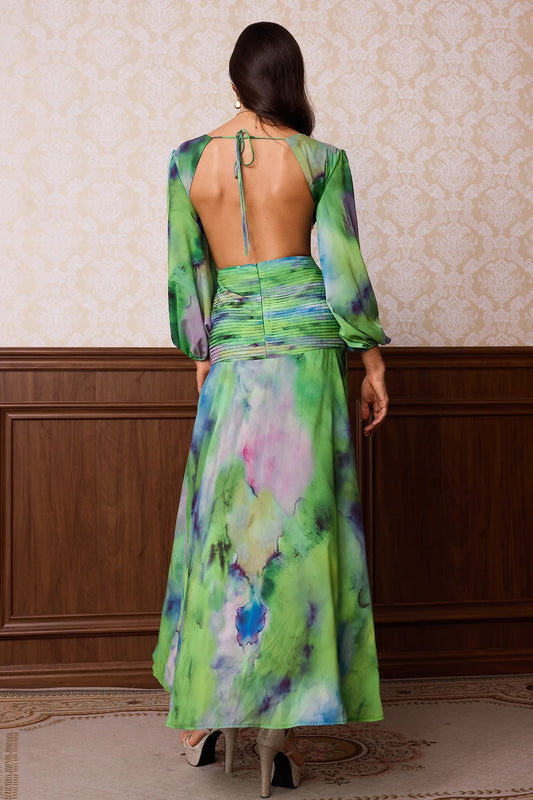 "Green Summer Lantern Sleeve Backless Dress with Floral Print"