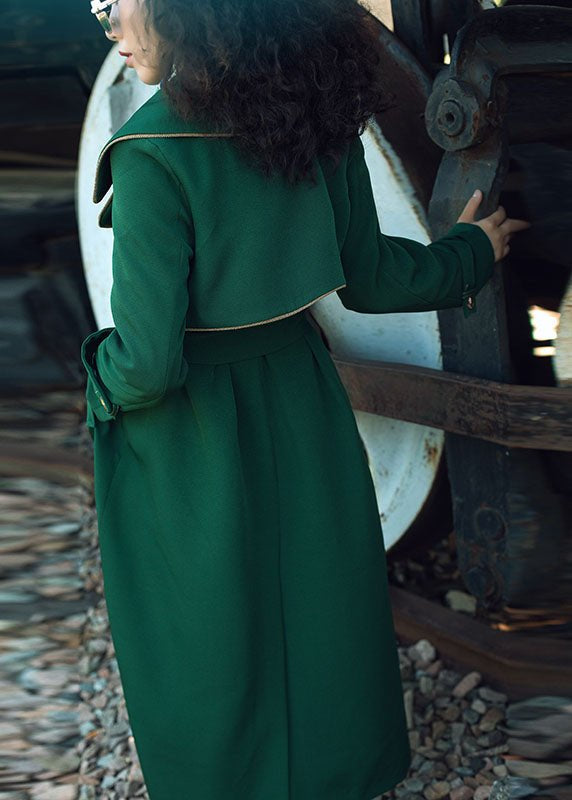 Green solid Color Lace-up Trench Coat