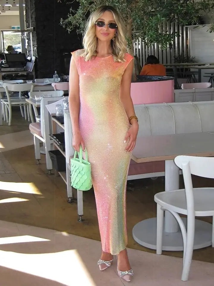 Shiny Crystal-studded Rainbow Ombré Summer Party Midi Dress