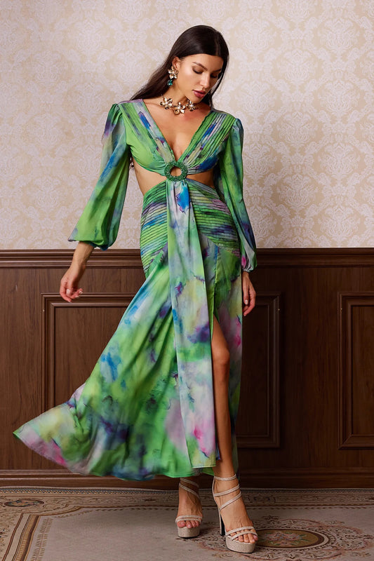 "Green Summer Lantern Sleeve Backless Dress with Floral Print"