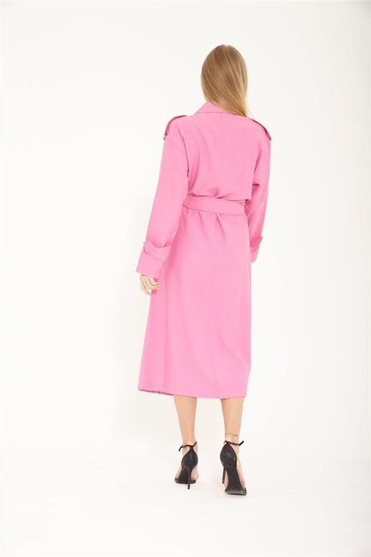 Pink Slim Fit Double-Breasted Winter Dress with Stand Collar"