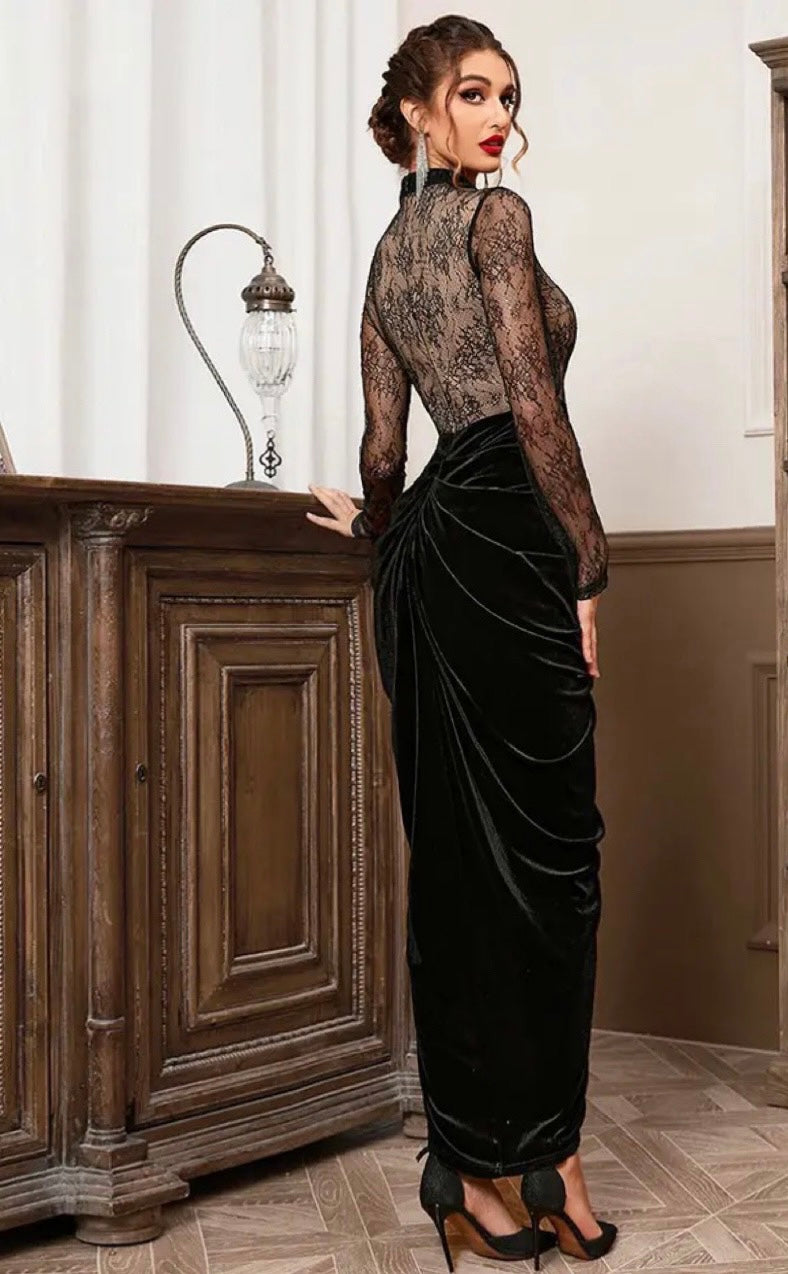 Black Lace Pleated High Slit Slim Dress