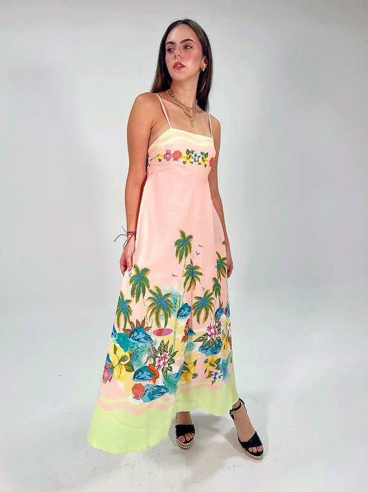 Peach Tropical tree Beach Print women linen sling long dress