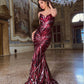 Red Wine Sequined Tube Top Fishtail Long Backless Dress