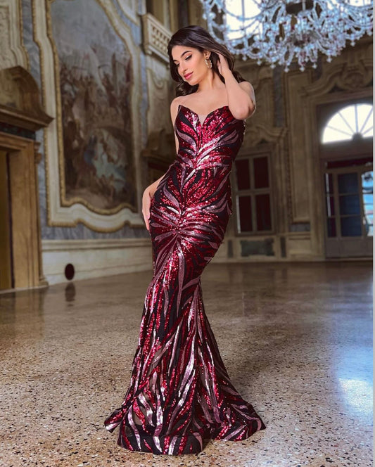 Red Wine Sequined Tube Top Fishtail Long Backless Dress