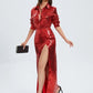 Red Long Sleeve Top+Long Edge Split Sequin Skirt Set