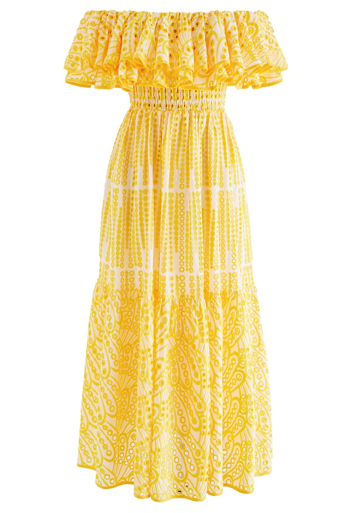 Yellow Slash Neck Embroidery Elegant Dress For Women