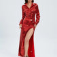 Red Long Sleeve Top+Long Edge Split Sequin Skirt Set